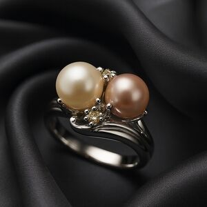 Dual Faux Pearl Ring in Silver – White & Peach Gemstone Elegance for Women